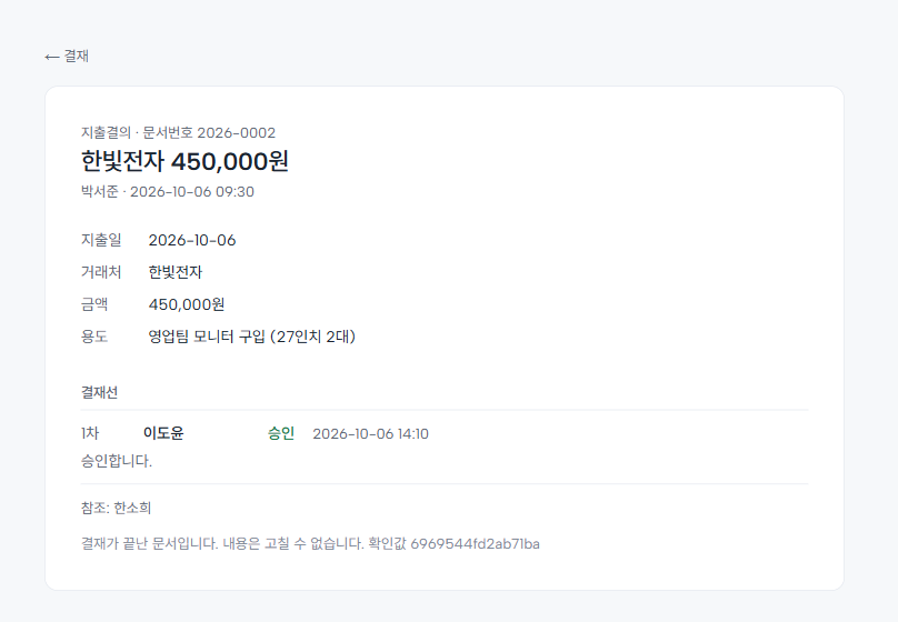결재가 끝난 지출결의 문서. 문서번호와 승인 기록